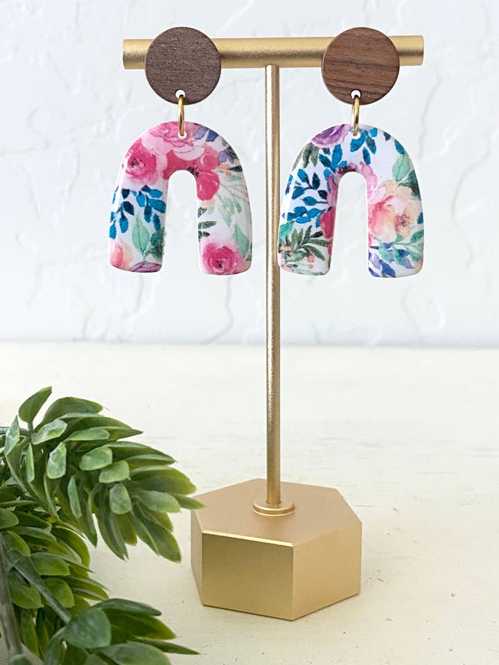 Pendientes florales, pendientes de arcilla, joyas hechas a mano, madera, atrevidos para venta al por mayor de midnightclayco