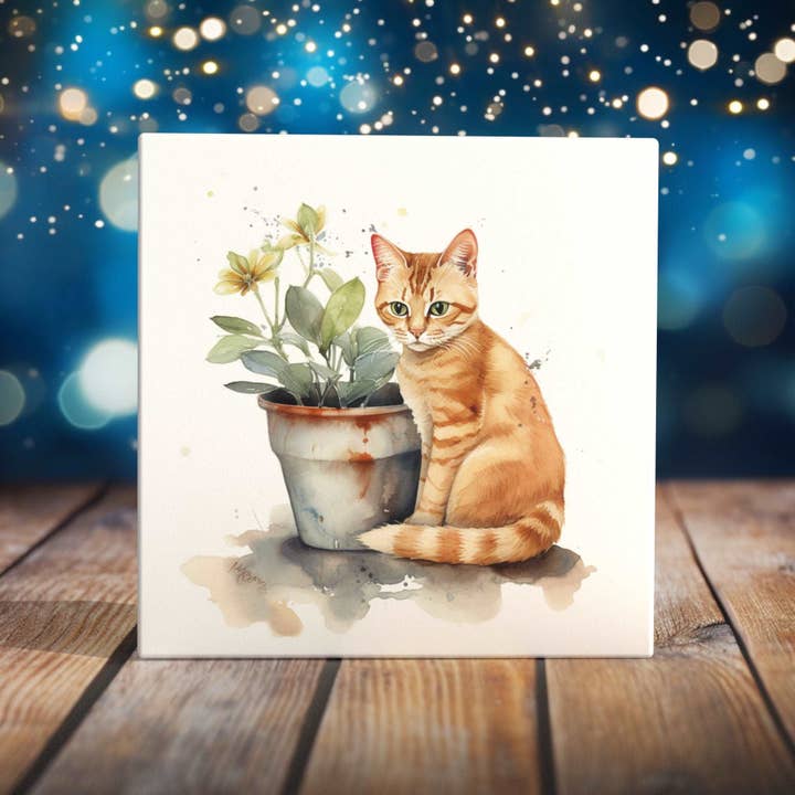 Botanical Buddy - Orange Tabby Cat and Plant Watercolor Art Tile for Home Accent for wholesale by Peeping Tom's Cottage