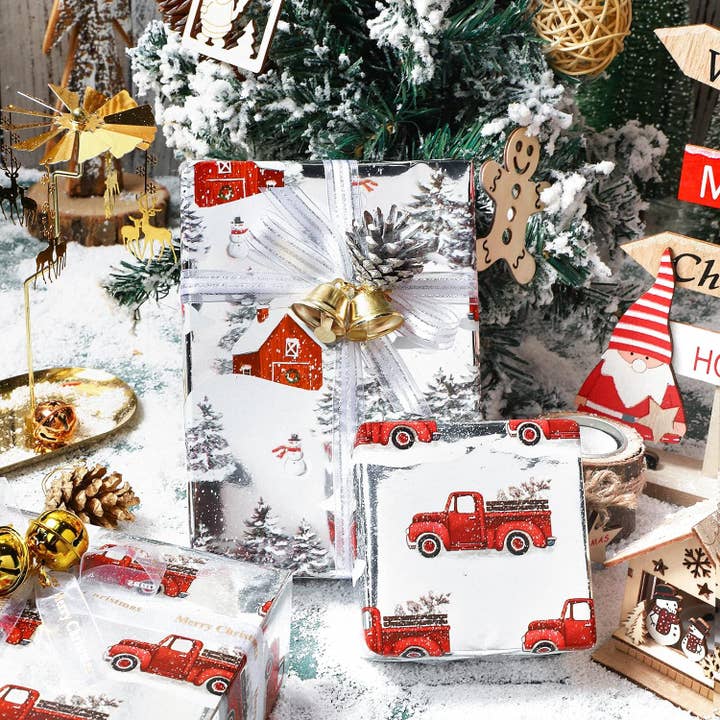 Wrapaholic Gifts & Packing Company - Wholesale Wrapping Paper Roll - Christmas Wrapping Paper Roll - Red Silver Snow Truck Foil