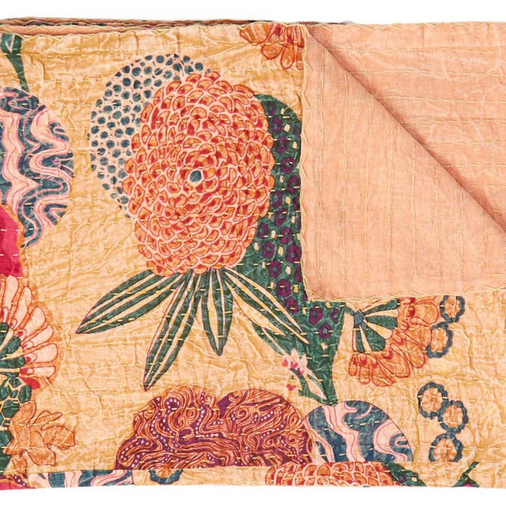 HomeRoots - Wholesale Throw Blanket - 50" X 70" Orange and Red Kantha Cotton Floral Throw Blanket