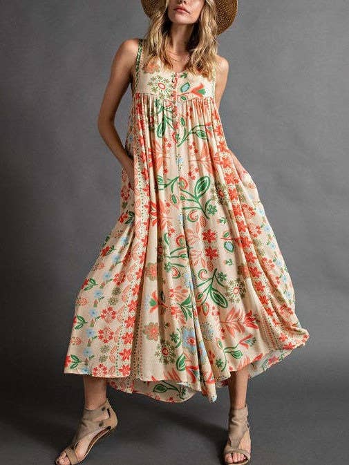 Rosa Clothing - Wholesale Jumpsuit - Women's - Vintage Print Loose Sleeveless Jumpsuit