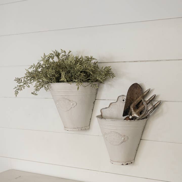 SET/ 2 AGED WHITE METAL WALL BUCKETS for wholesale by Ragon House