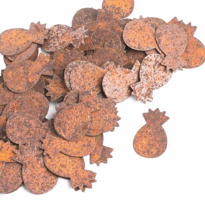 1" Rusty Tin Pineapple Shapes - 100 Rusted Metal Cutouts for wholesale by Factory Direct Craft