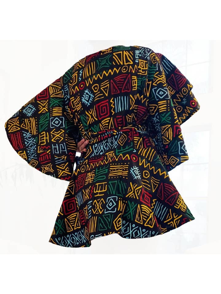 India Batik – Großhandel Set aus Oberteil und Hose (NICHT Loungewear) – Damen – Palazzo Hosen- und Wickelbluse - Schwarz/Rasta