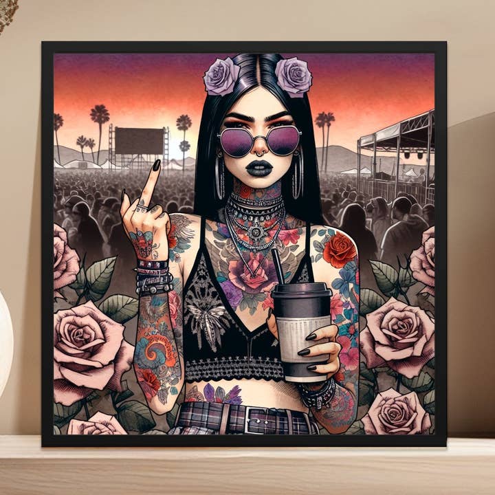 Boheemse muurkunst voor tattoo-meisjes, levendig canvas met festivalscène, moderne boho-chique woondecoratieposter, trendy illustratie voor wholesale door FreakyTeeFactory