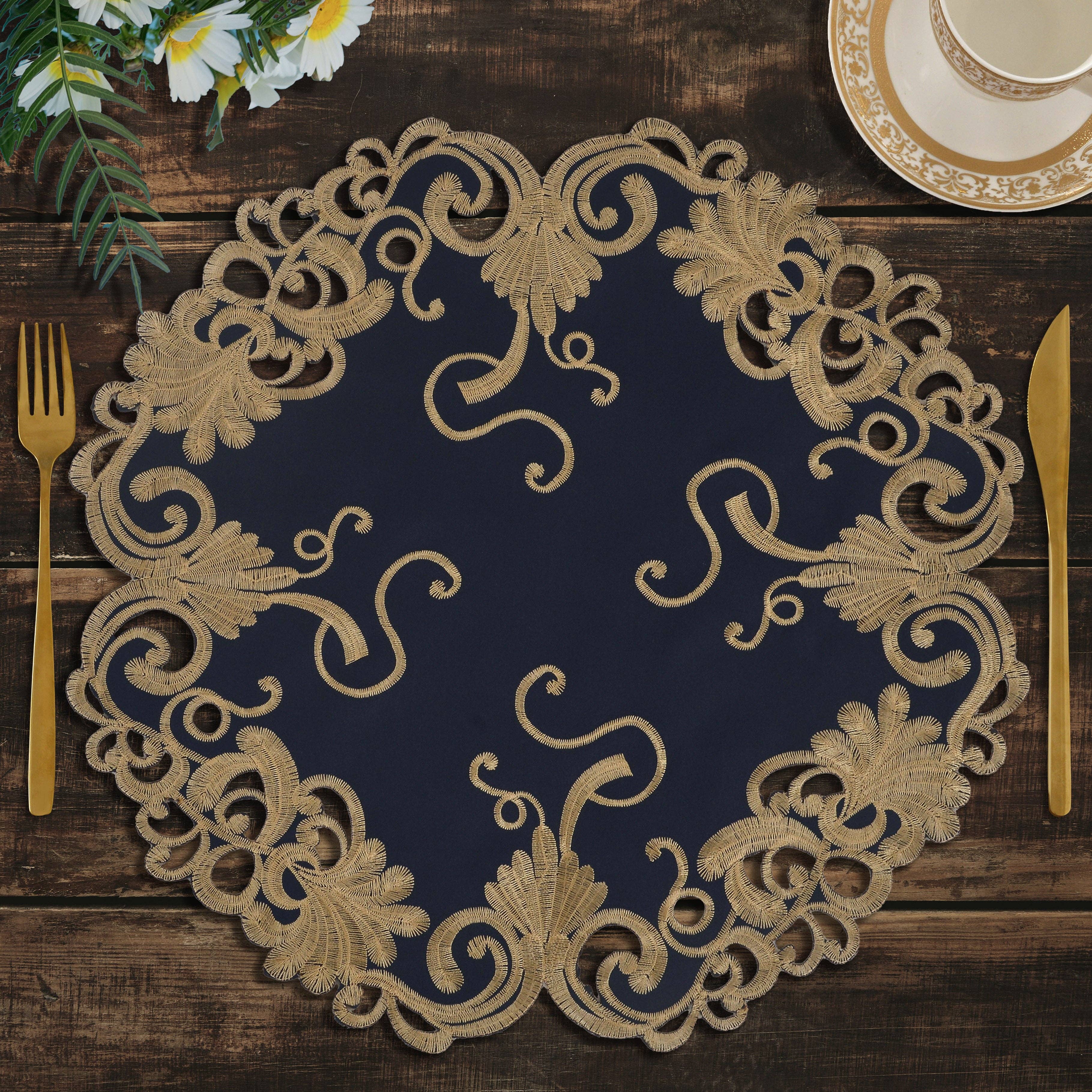 Decozen - Wholesale Placemat - Vintage Opulence – Gold Lace Blue Round Doilies, The Vintage Opulence Collection European Embroidery Décor 15 inch0
