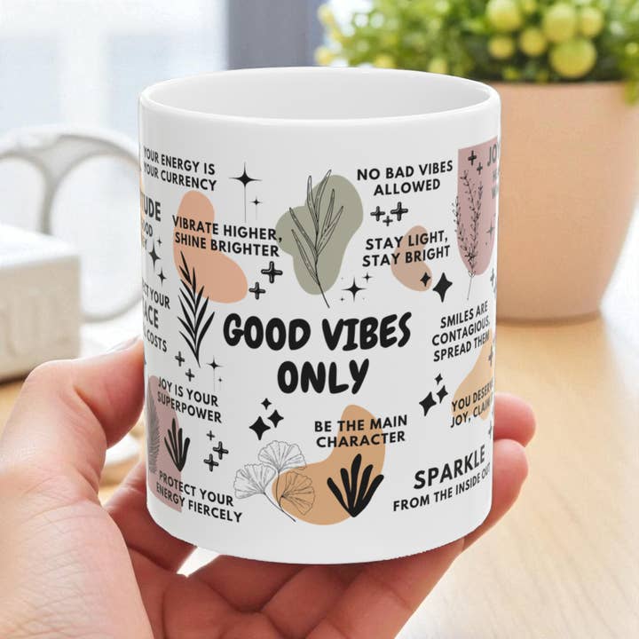 EMESLY - Wholesale Coffee Mug - Good Vibes Only Motivational Ceramic Coffee Mug; 11oz/15oz