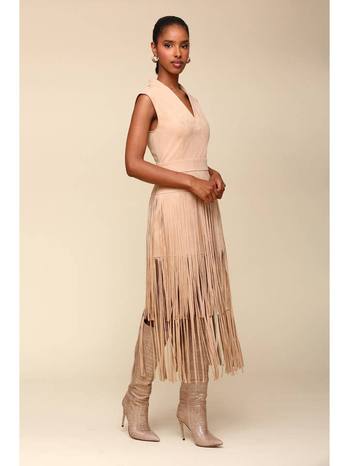 Biscuit Faux Suede Tiered Fringe Midi Dress for wholesale on Faire5