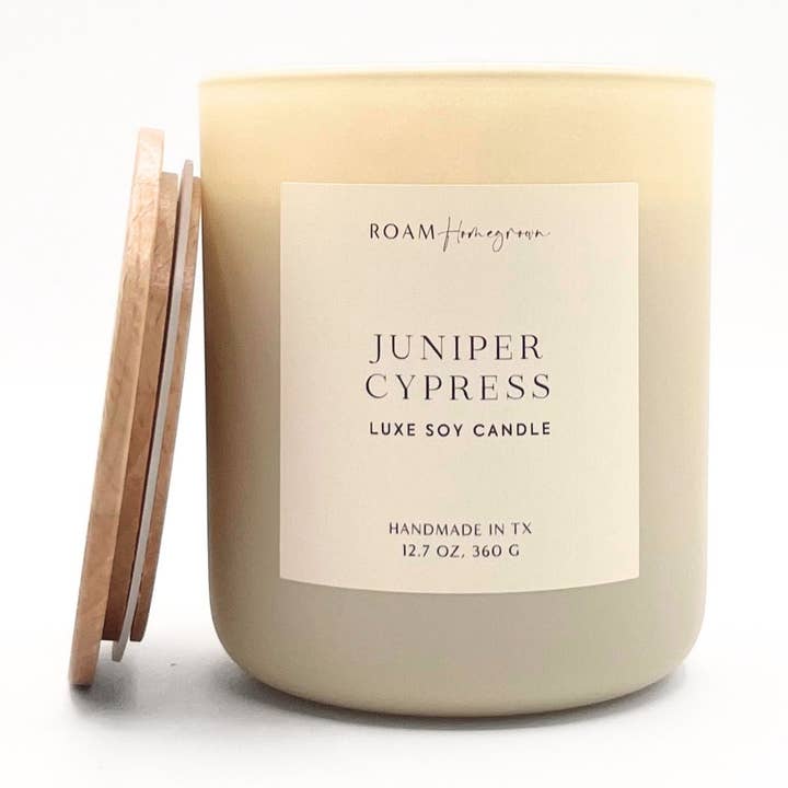 Juniper Cypress Luxury Soy Candle, 12.7 oz, Cream for wholesale by ROAM Homegrown