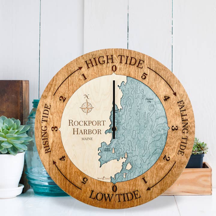 Rockport Harbor Tide Clock Nautical Wood Map - 2 Sizes for wholesale by Sea & Soul Nautical Chart Art
