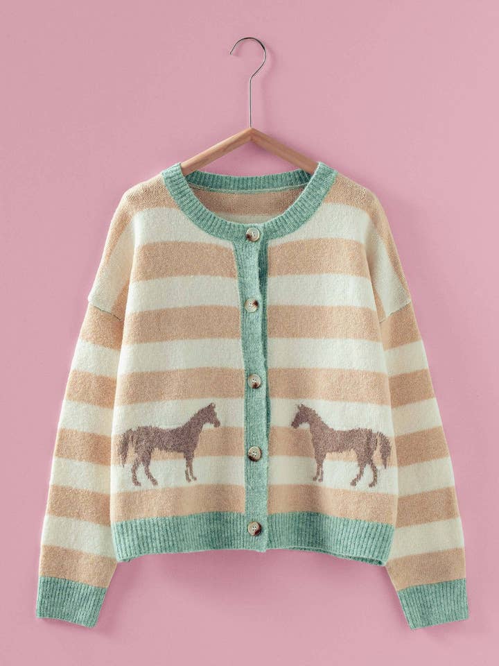 Horse Jacquard Striped Crew Neck Cardigan for wholesale by Urban Daizy