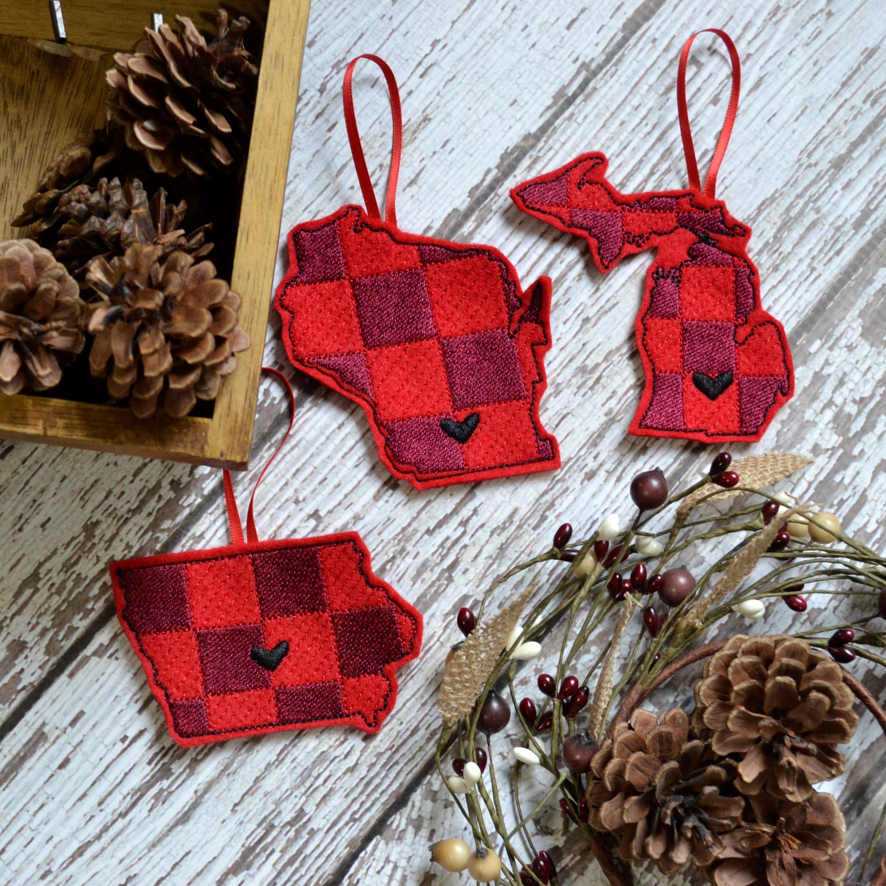 SewMuchMoreStore - Wholesale Ornament - State Red Buffalo Plaid Embroidered Felt Ornament - Holiday38