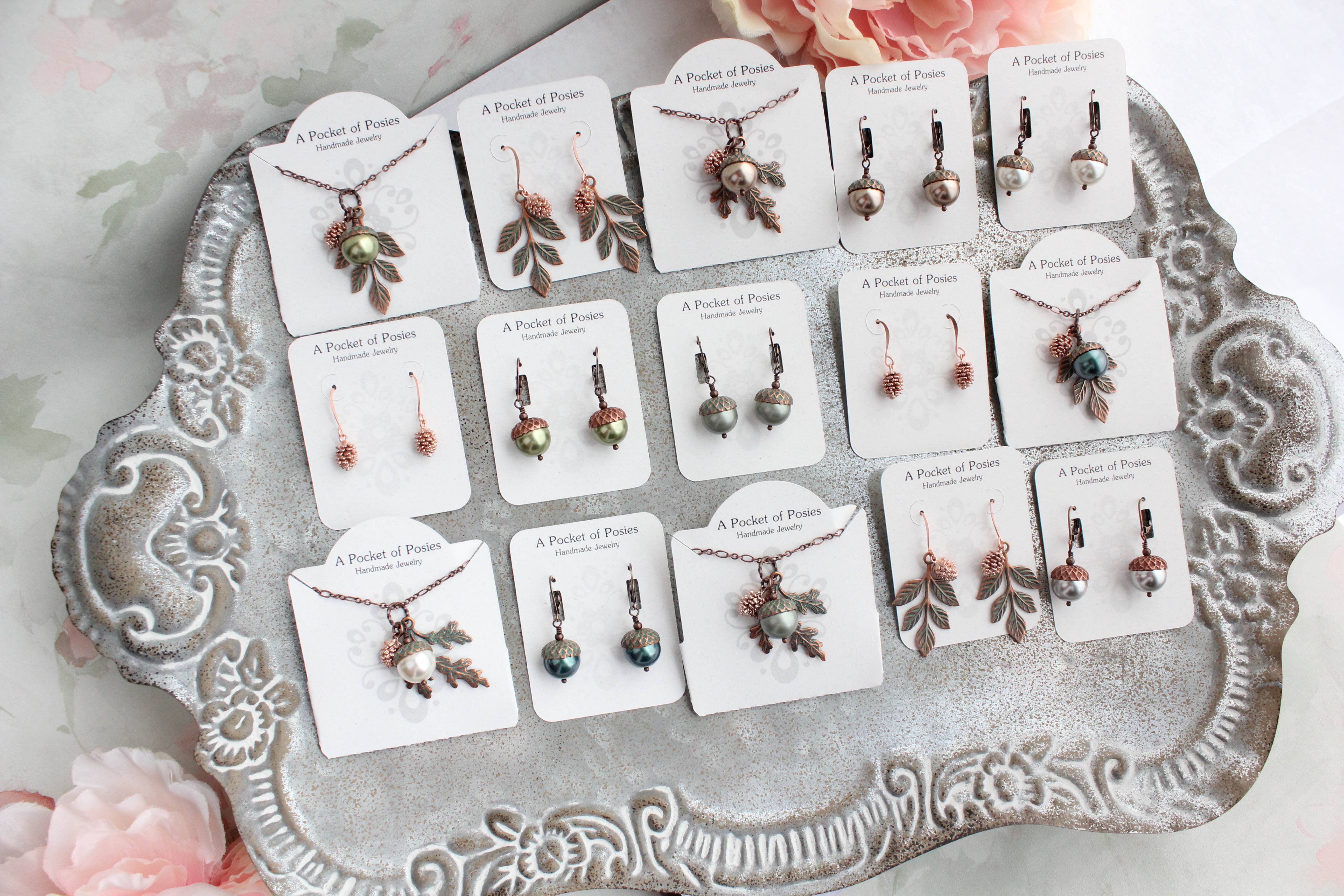 A Pocket of Posies - Wholesale Dangle Earrings - Pearl Acorn EARRINGS | Blush Mint Copper Patina5