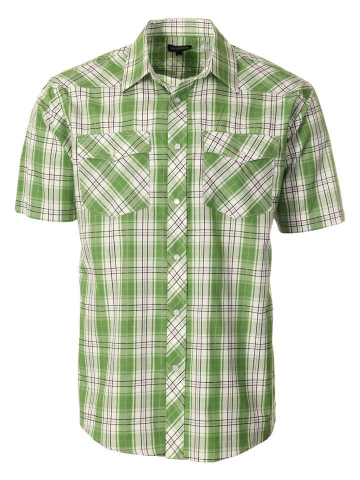 b-one inc - Wholesale Buttoned-down shirt – Men's - Men's Pearl Snap Button Down Plaid Short Sleeve Western Shirt2