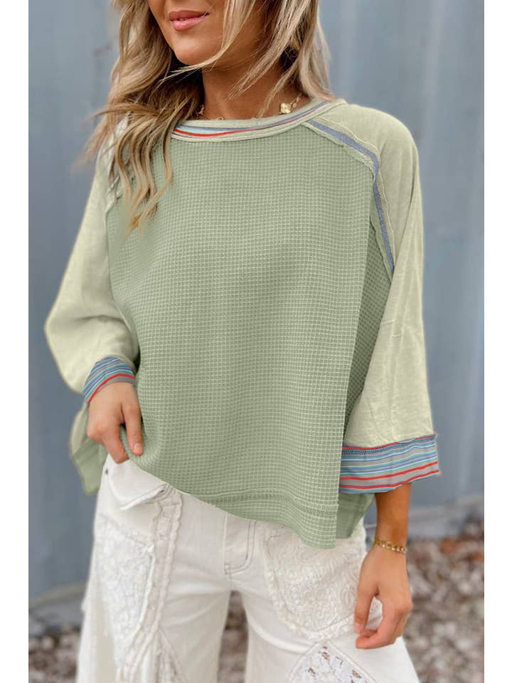 Meadow Mist Green Waffle Wide 3/4 Sleeve Top for wholesale on Faire