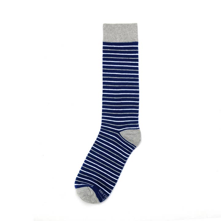 Navy, White, and Grey Striped Socks for wholesale by No Cold Feet