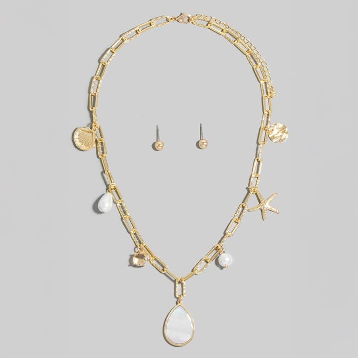 Shell Teardrop Pearl And Sea Life Charms Chain Necklace Set for wholesale by The Looks by Fame Accessories