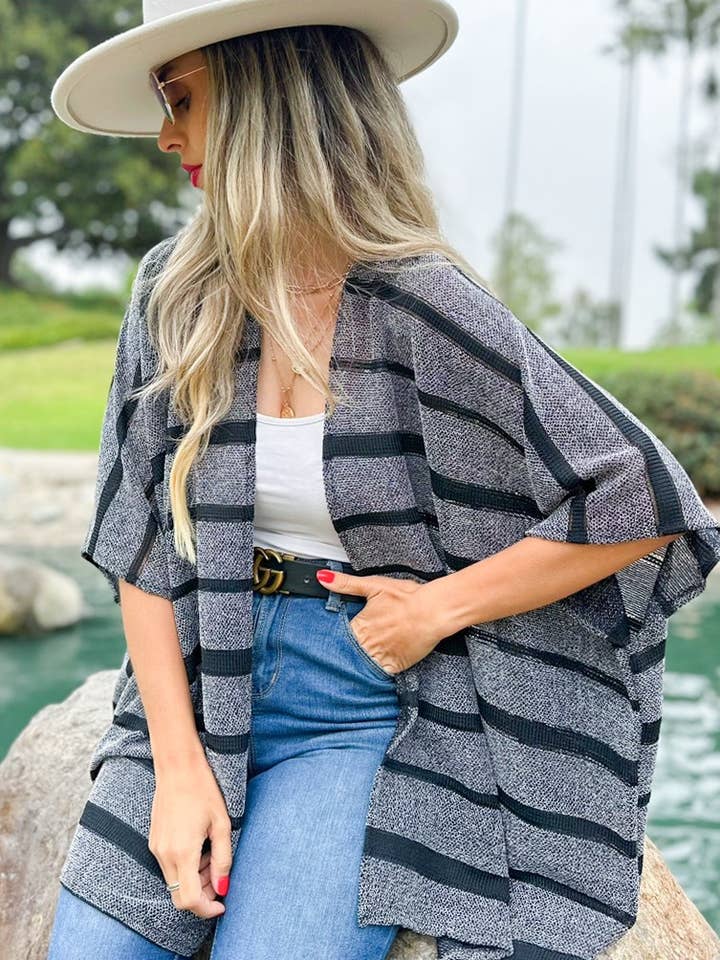 Black Stripe Print Knitted Kimono Cardigan Cover Up for wholesale by AMOLI