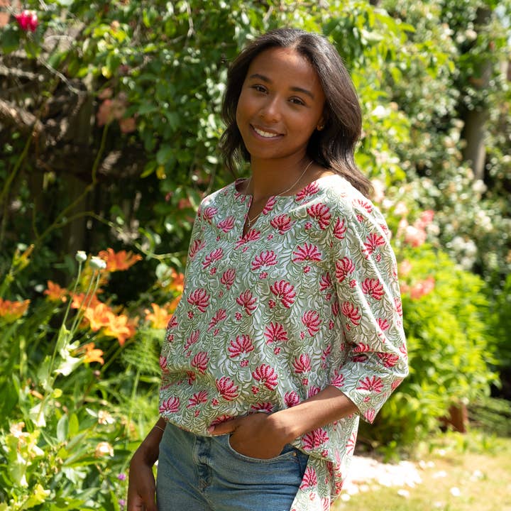 Katoenen tuniek met print - Jaipur Floral Groen-Roze voor wholesale door Lime Tree Design