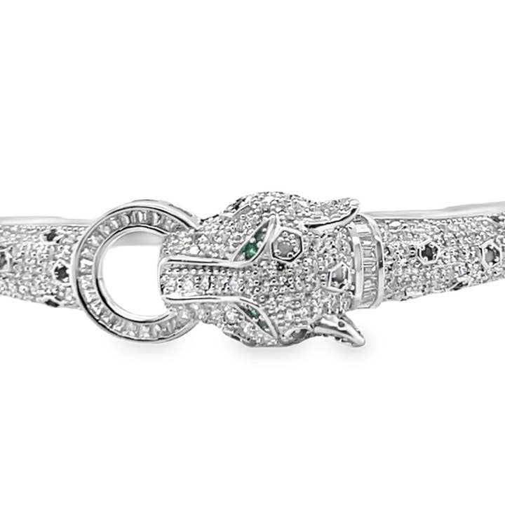 Pulseira de Jaguar com Olhos Verdes e Manchas Pretas em Prata de Lei com Zircónia Cúbica por atacado de Atlanta Jewelers Supply
