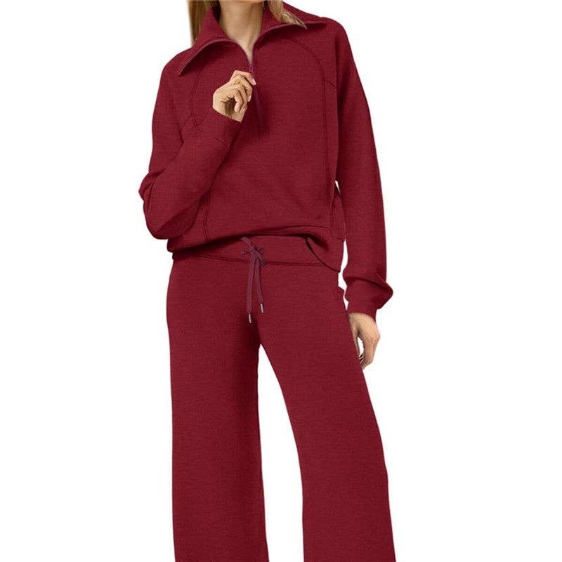 Plush Looks – wholesale Mjukisset – Dam – Set med halvzip-tröja i ren färg och joggers med vida ben5