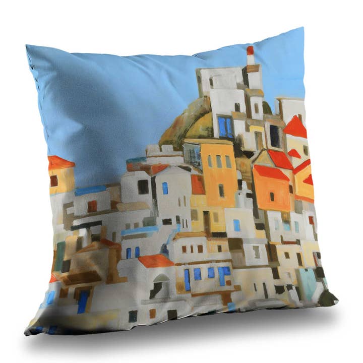 Contemporary Blue Cities Throw Pillow - Greek Small Houses for wholesale by BEGIN HOME DECOR