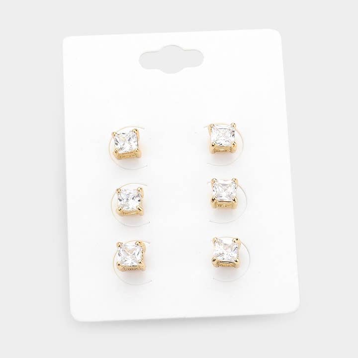 Sensibling Corp. - Wholesale Stud/Post Earrings - 3Pairs - Square Stone Stud Earrings