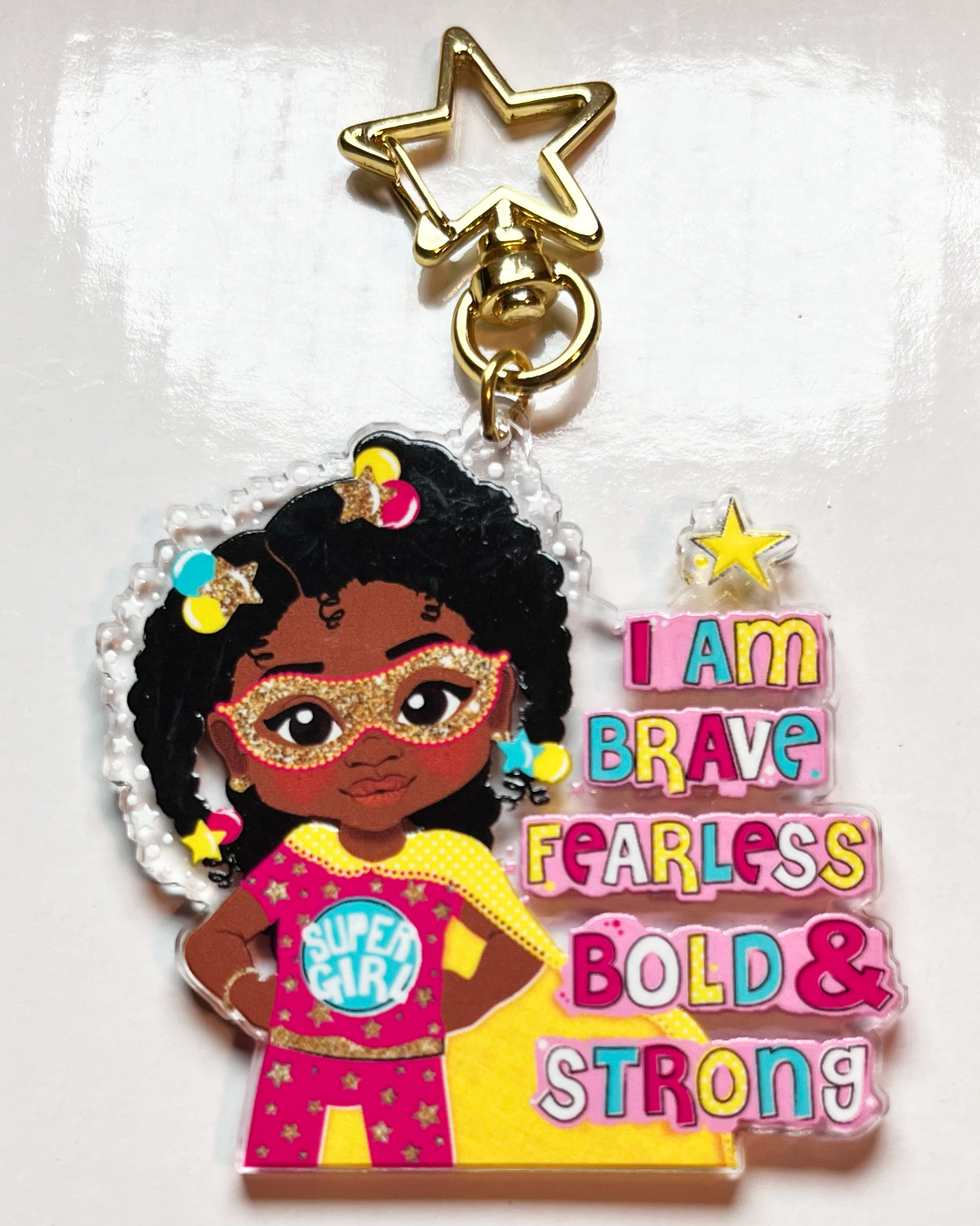 Fefus Designs - Wholesale Keychain - Kids - Black Girl Superhero Keyring – Empowering Recycled Acrylic Bag Charm for Kids | Afro Girl Keychain by Fefus Designs8