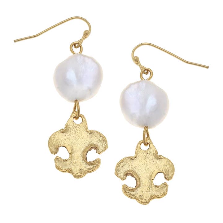 Gold Fleur De Lis & Genuine Freshwater Coin Pearl Earrings for wholesale by Susan Shaw