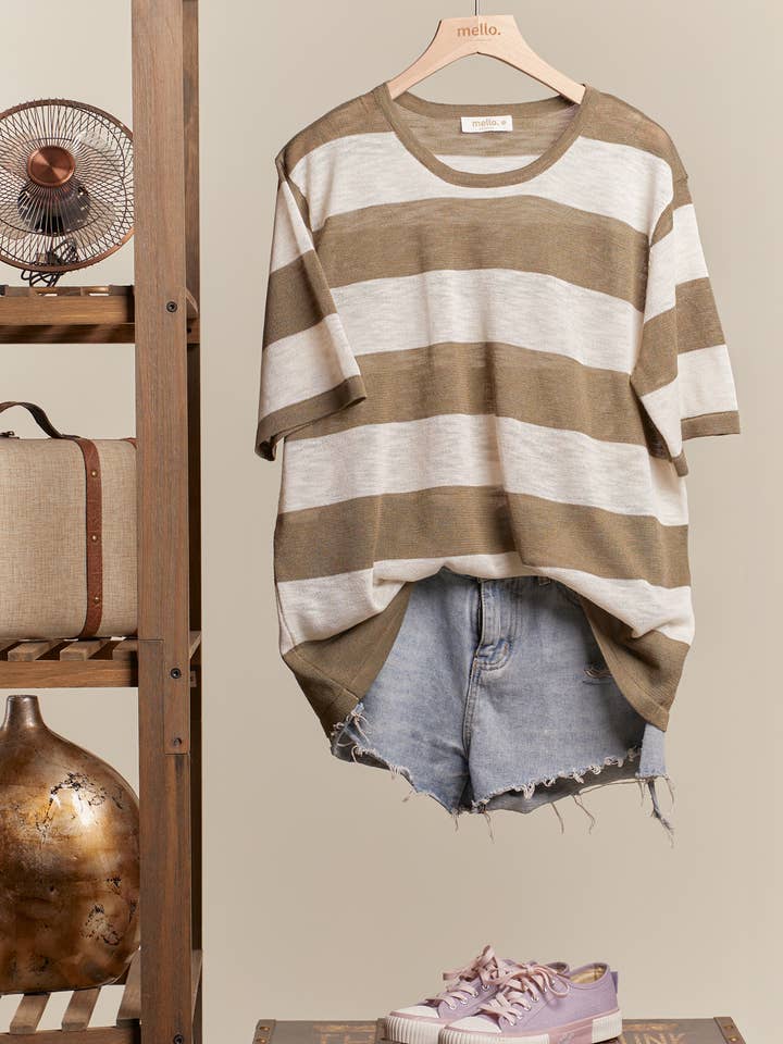 Round Neck Bold Stripe Short Sleeve Top for wholesale by Mello.
