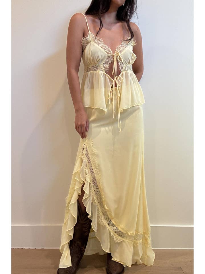 Lace Trim Front Tie Top and Side Split Maxi Skirt for wholesale by Et Clet