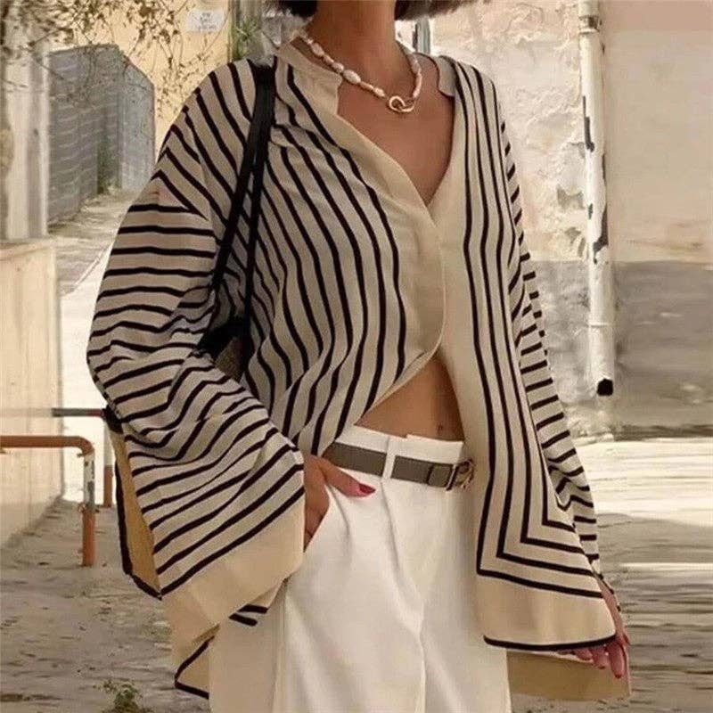 KHAKI Long Sleeve Striped Loose Fit Shirt for wholesale on Faire1