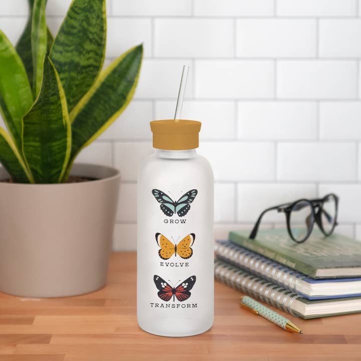 Studio Oh! - Wholesale Water Bottle - Grow Evolve Transform Glass Water Bottle with Straw