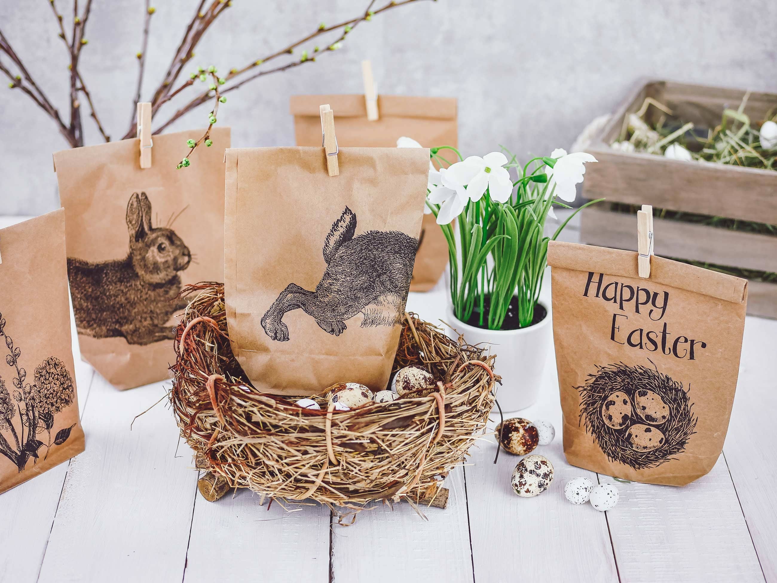 Papierdrachen - Vente Pochette cadeau - Sacs imprimés motif Pâques marron avec « Happy Easter »1