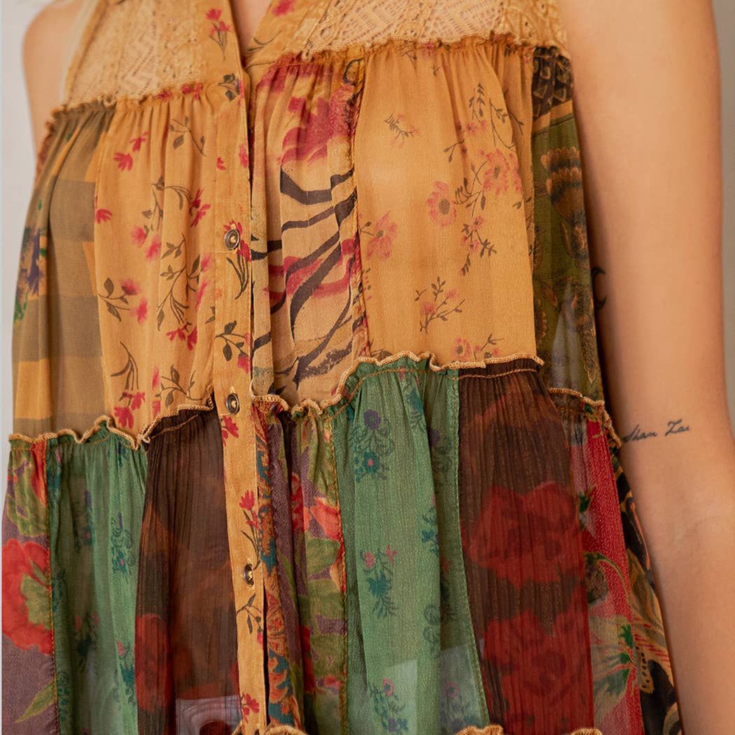 Young Threads - Wholesale Button Down Shirt - Women's - Boho Chic Nomad Patchwork Buttondown Top Sleevel (New Color)20