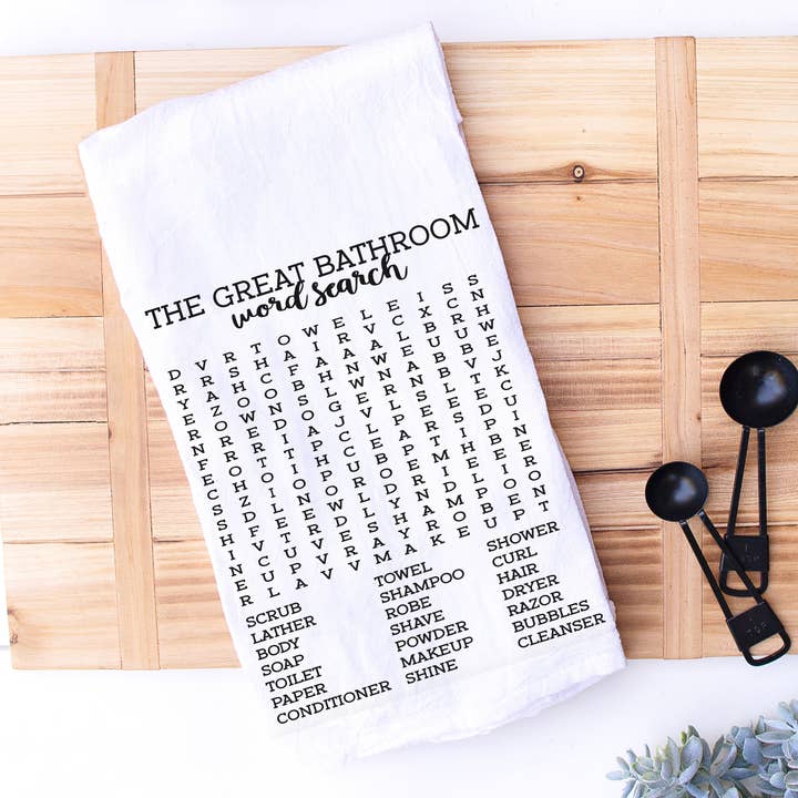 Bathroom Word Search, Funny Bathroom Hand Towel for wholesale by Designing Moments