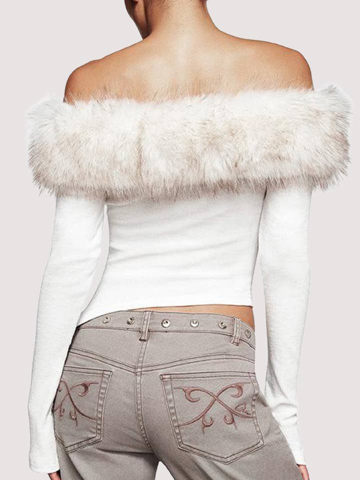 WHITE Off-Shoulder Fur Trim Blouse for wholesale on Faire3