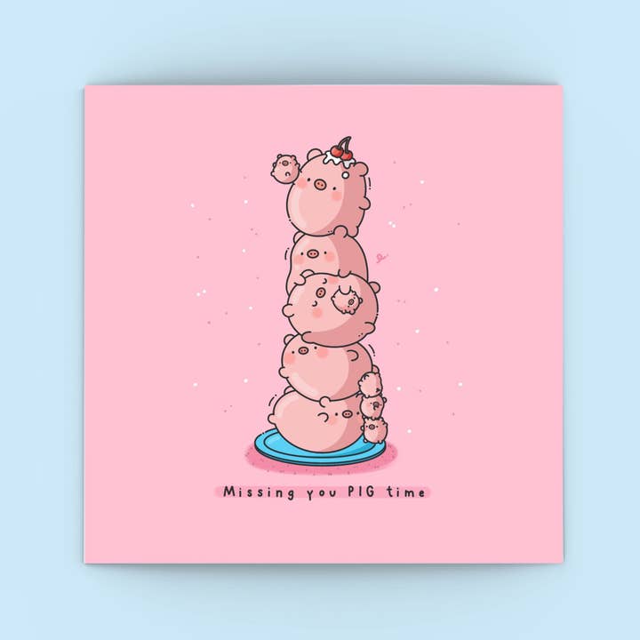 Cute Pig Stack Card | Cute Greetings Card for wholesale by Toastedink