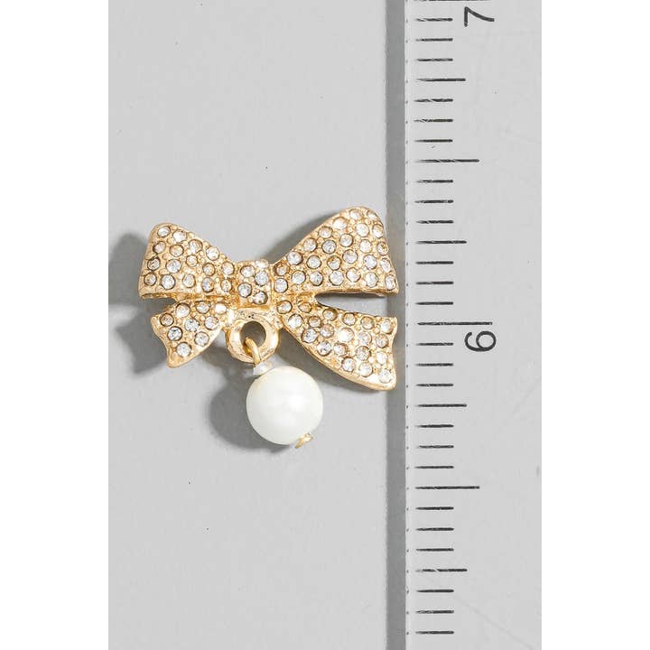 CRMCLRGD Rhinestone Pave Ribbon Bow Pearl Charm Stud Earrings for wholesale on Faire