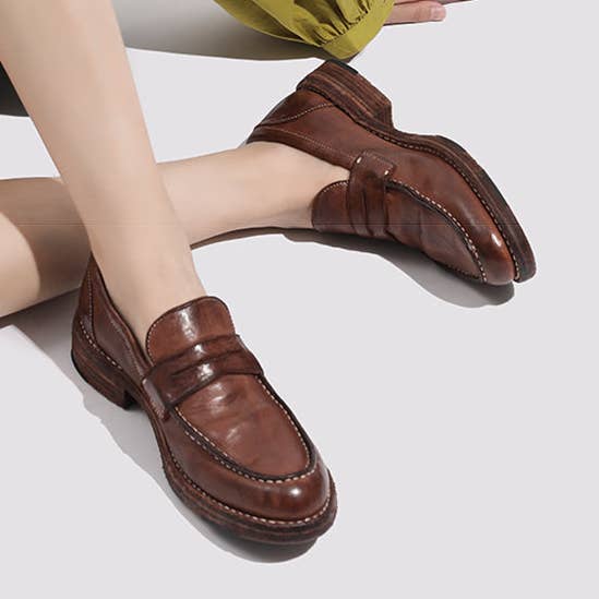 Goodyear paardenschoenen voor dames, klassieke Penny Loafers, leren zool in bruin/zwart voor wholesale door DWARVES