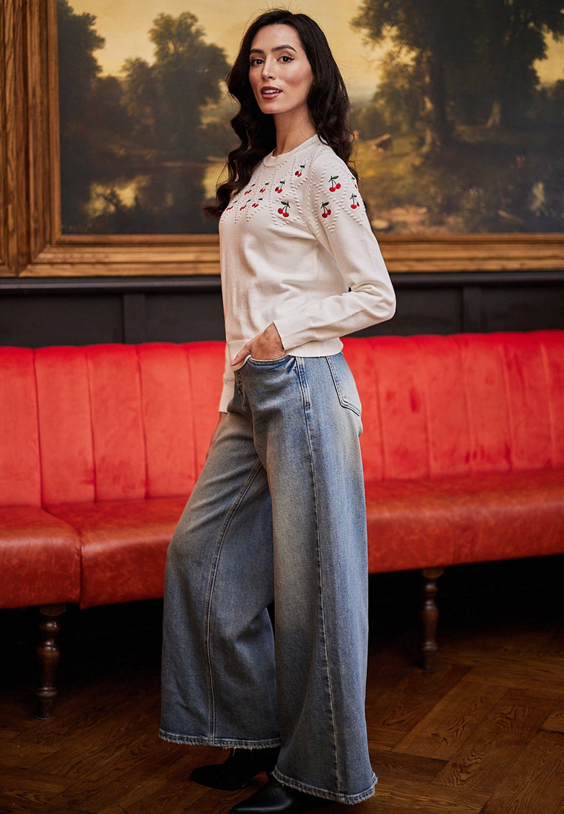 ANGELEYE - Wholesale Knit Sweater - Women's - White Jumper With Cherry Embroidered Detail3