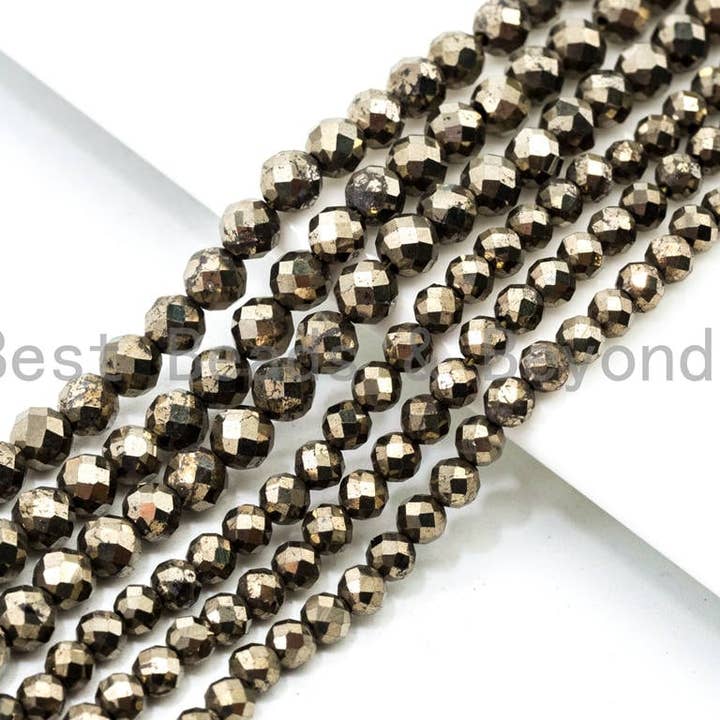 Högkvalitativa facetterade runda pärlor i gyllene pyrit 2/3/4 mm, naturliga pyritpärlor, 15,5 tum komplett tråd, SKU#U108 för wholesale av BestBeads&Beyond