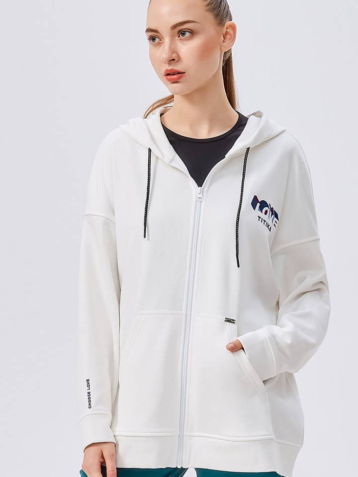 Sweat à capuche oversize zippé sur le devant Love pour la vente par Titika Active