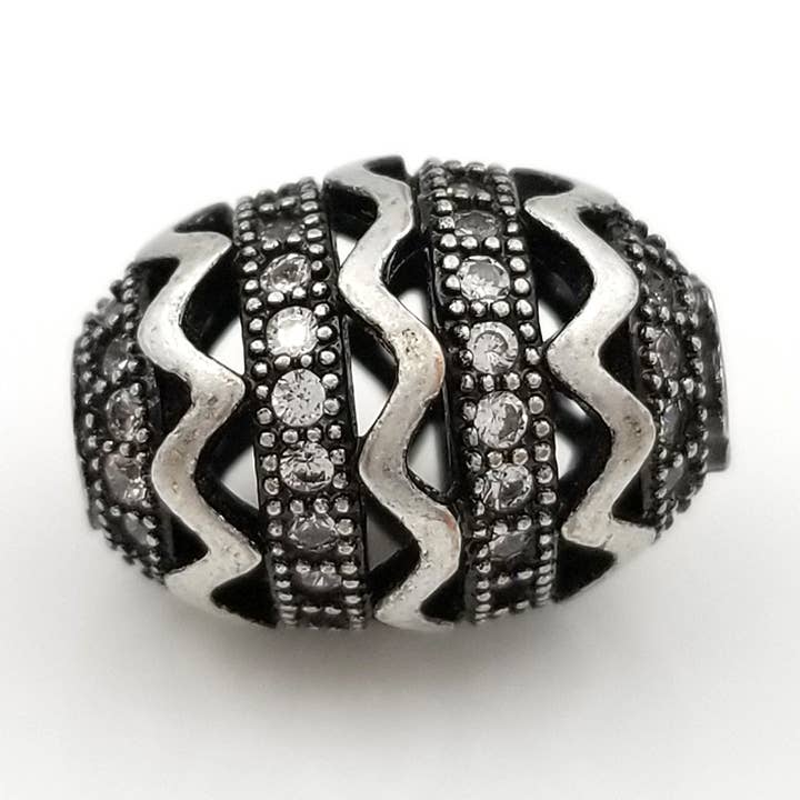 Antique Silver Oval Egg Spacer Bead CZ Micro Pave, BD942 for wholesale by Beads Creation