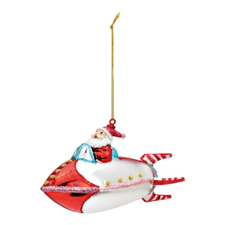 Christmas Ornament Santa on Rocket made of Glass, Red/White (H/W/D) 14x8x5cm for wholesale by Wurm