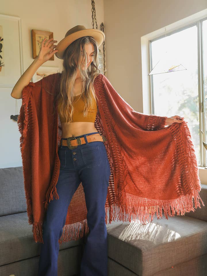 Leto Accessories - Wholesale Kimono - Women's - Bestselling Open Work Frayed Border Bohemian Ruana