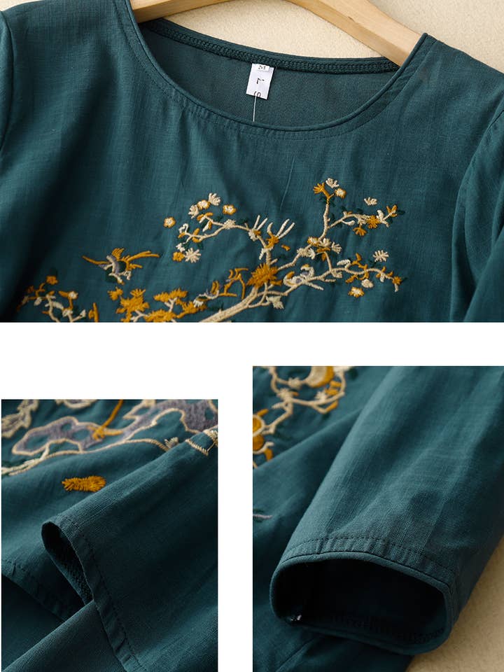 Whisper Mint - Wholesale Blouse - Women's - Retro literary tops Loose embroidered ramie shirt women15