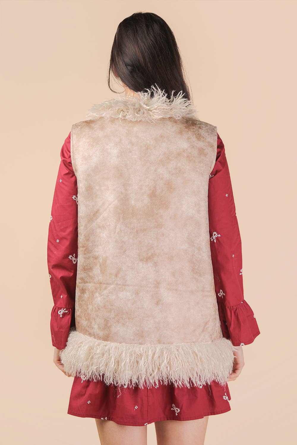 VERY J - Vente Veste sans manches – femme - NJ90398-Gilet Bohème en Suédine Sherpa avec Fausse Fourrure7