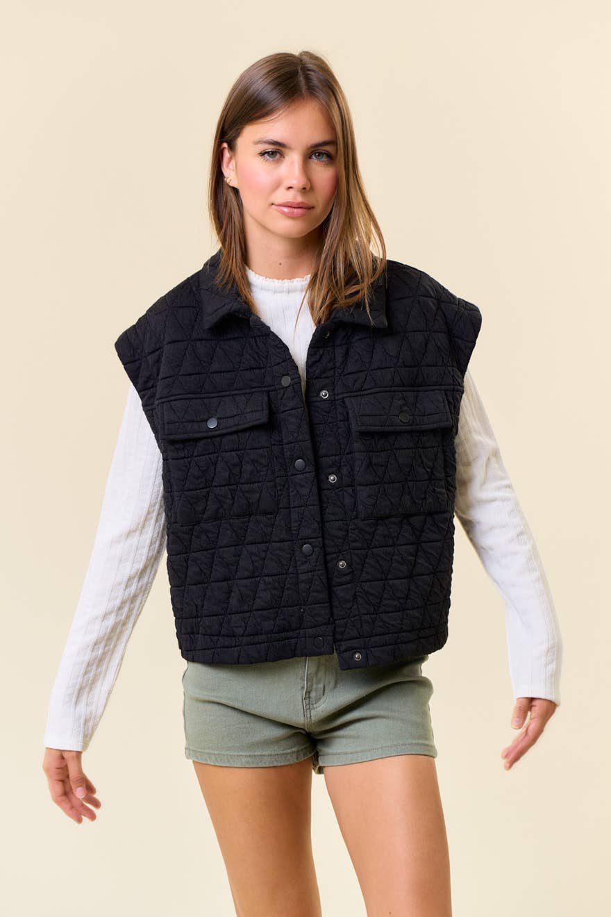 Doe and Rae - Wholesale Outerwear Vest - Women's - QUILTED POINT COLLAR FLAP PATCHED POCKET VEST - 10626J-16