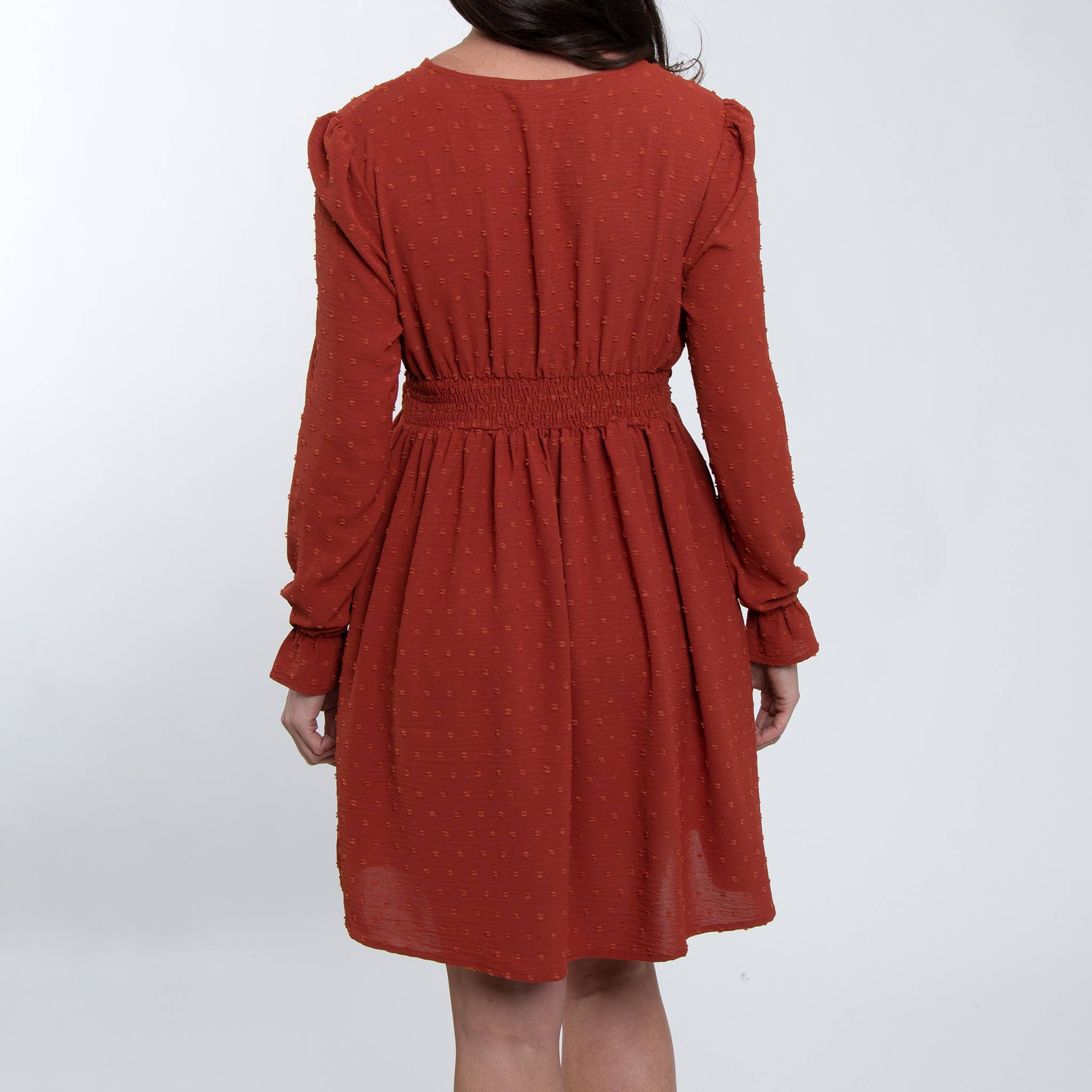 Elsie & Zoey - Wholesale Dress - Women's - Hayden Swiss Dot Long Sleeve Ruched V-Neck Dress9